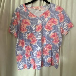 Fresh Produce Purple & Pink Hibiscus 🌺 Tropical Tee Shirt 👚 Size Woman’s XL